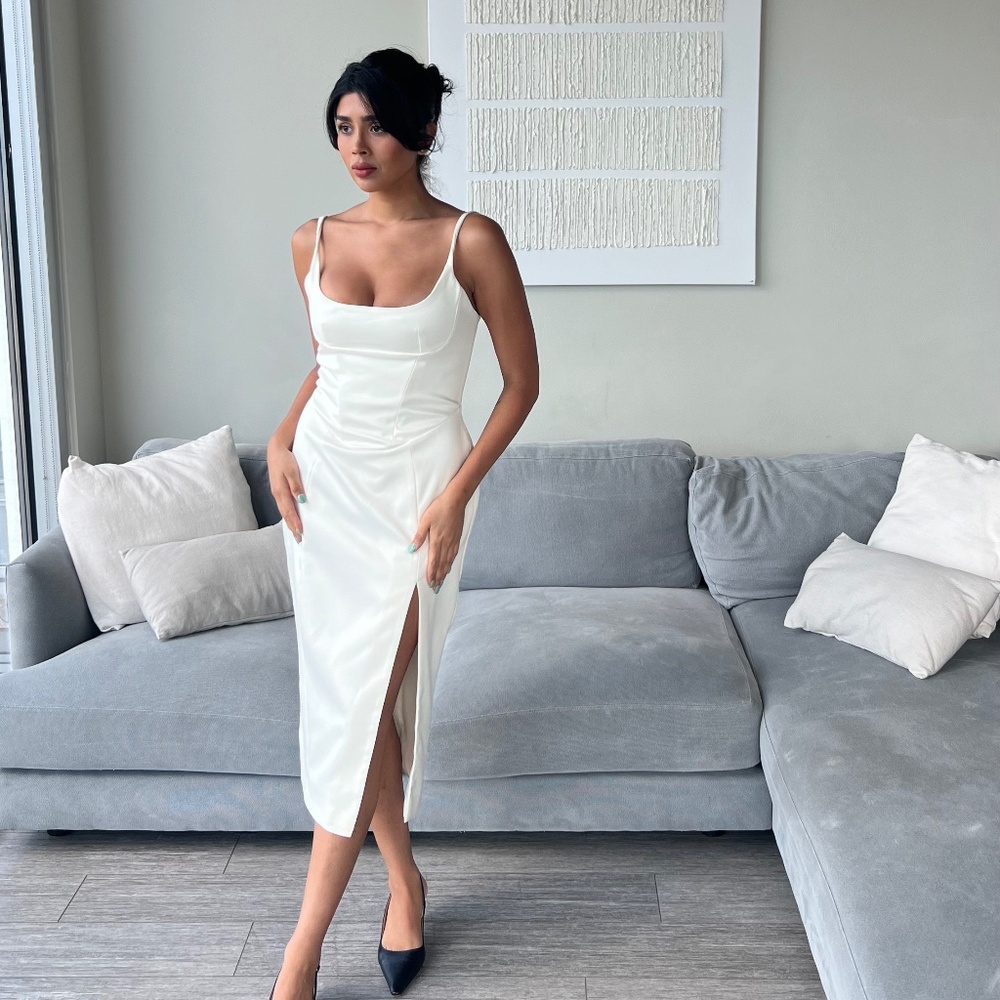 Casimira Ivory White Saton Corset Midi Dress
